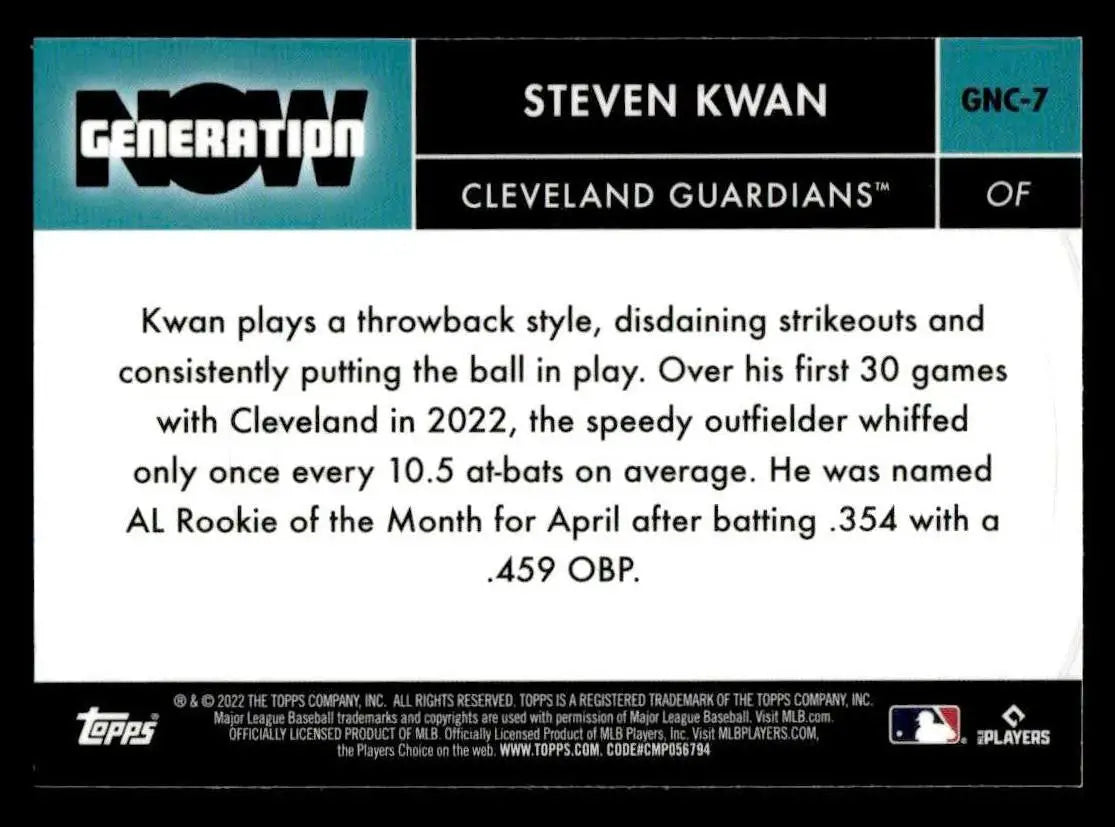 2022 Topps Chrome Update #GNC-7 Steven Kwan Generation Now Chrome - Baseball Card Single