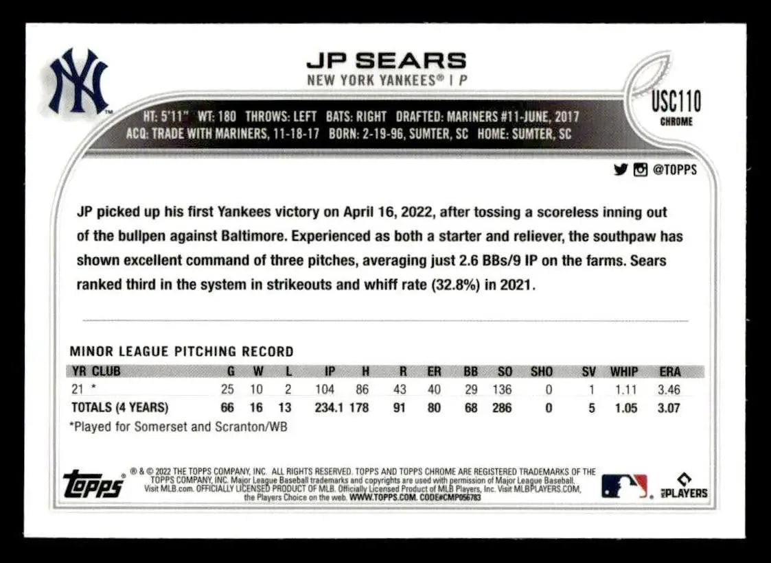 2022 Topps Chrome Update #USC110 JP Sears - Baseball Card Single