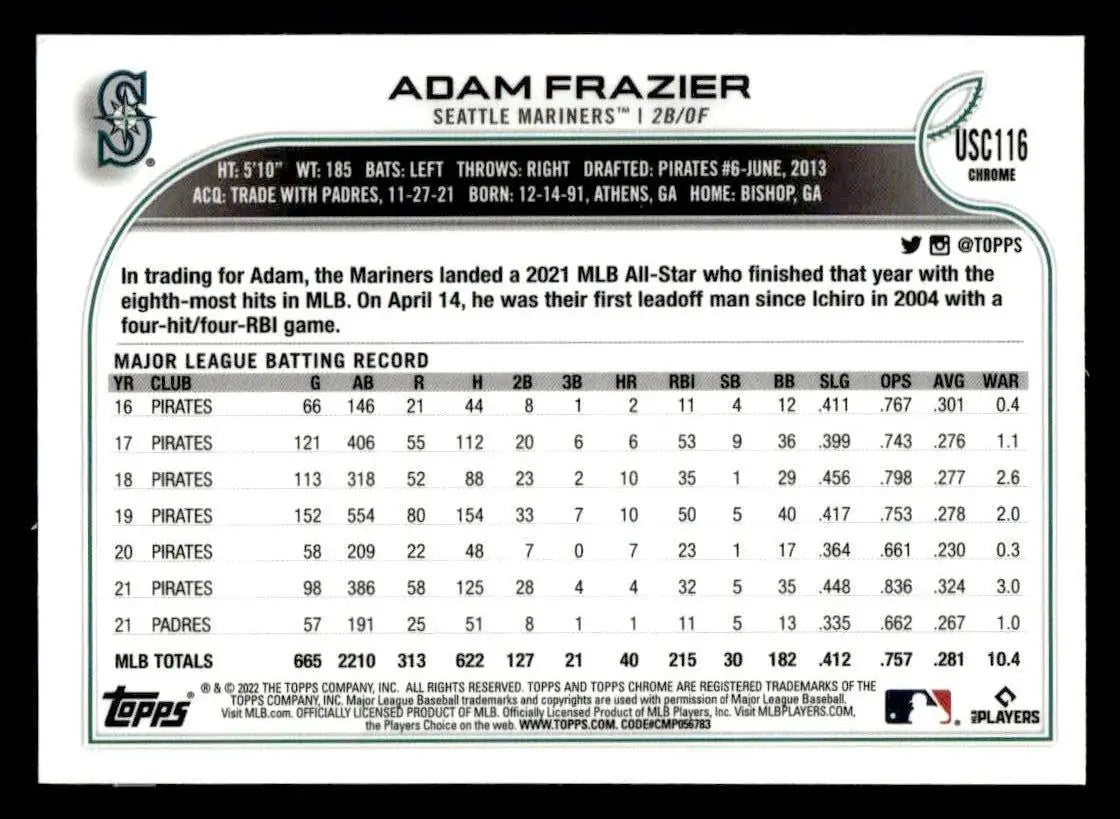 2022 Topps Chrome Update #USC116 Adam Frazier Purple Refractor - Baseball Card Single
