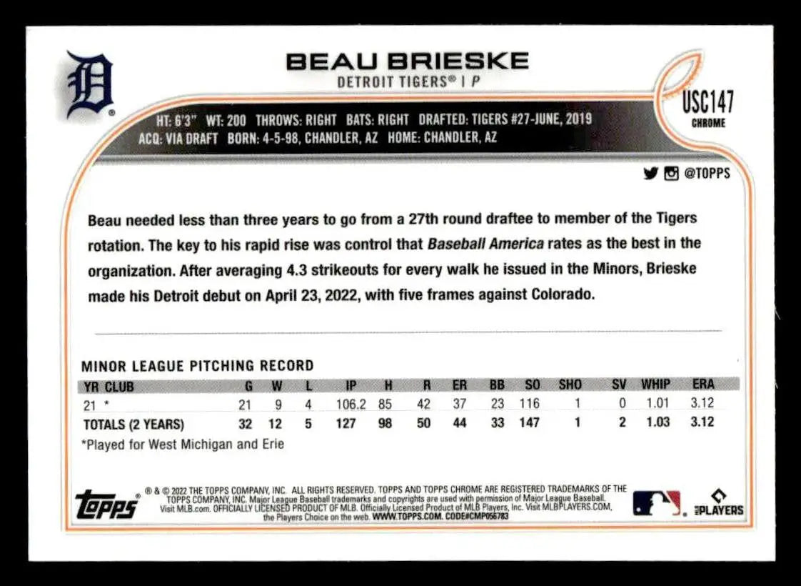 2022 Topps Chrome Update #USC147 Beau Brieske Purple Refractor - Baseball Card Single