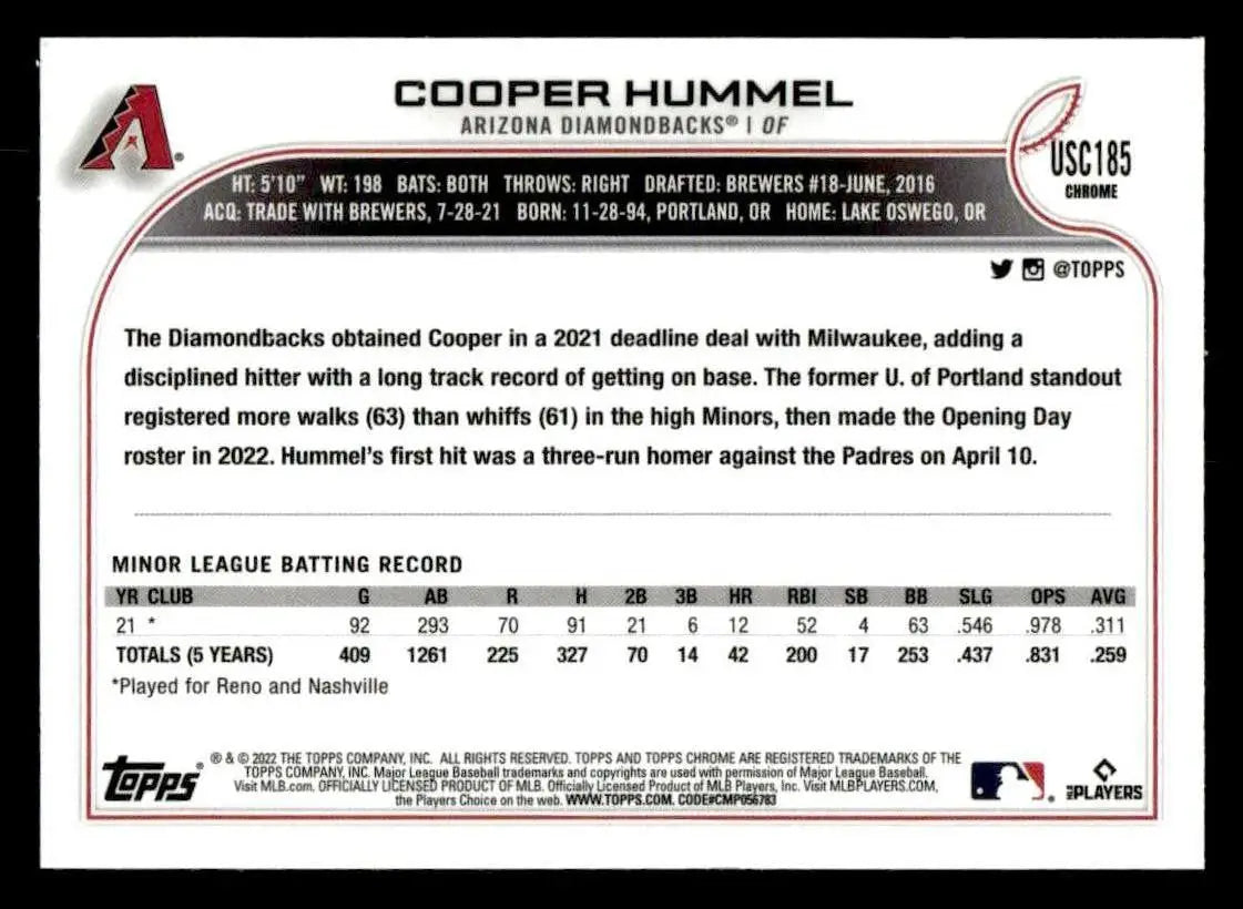 2022 Topps Chrome Update #USC185 Cooper Hummel - Baseball Card Single