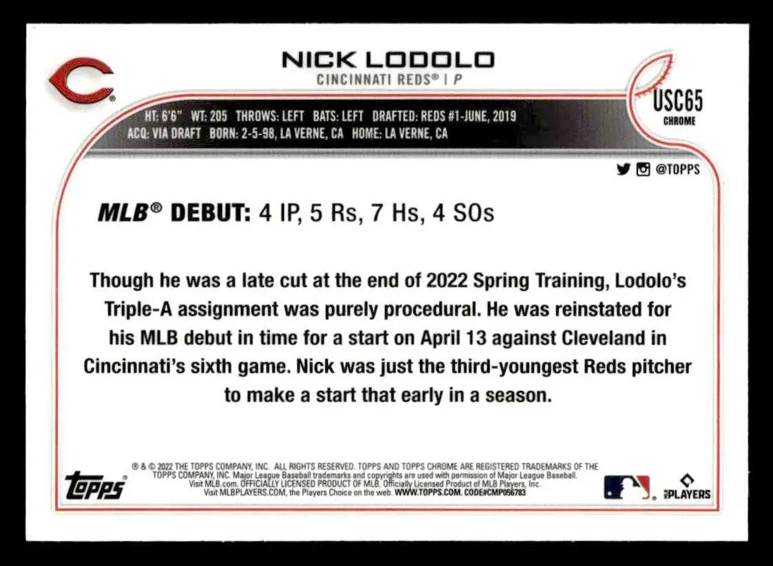 2022 Topps Chrome Update #USC65 Nick Lodolo - Baseball Card Single