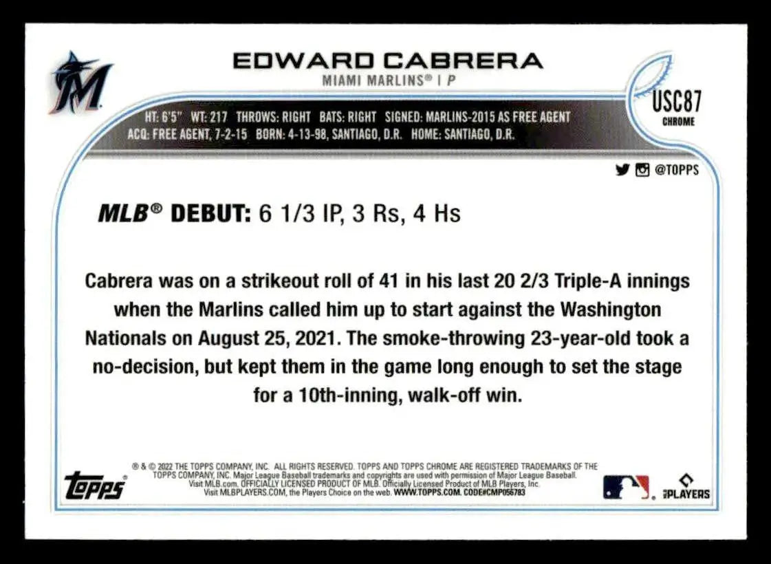 2022 Topps Chrome Update #USC87 Edward Cabrera - Baseball Card Single