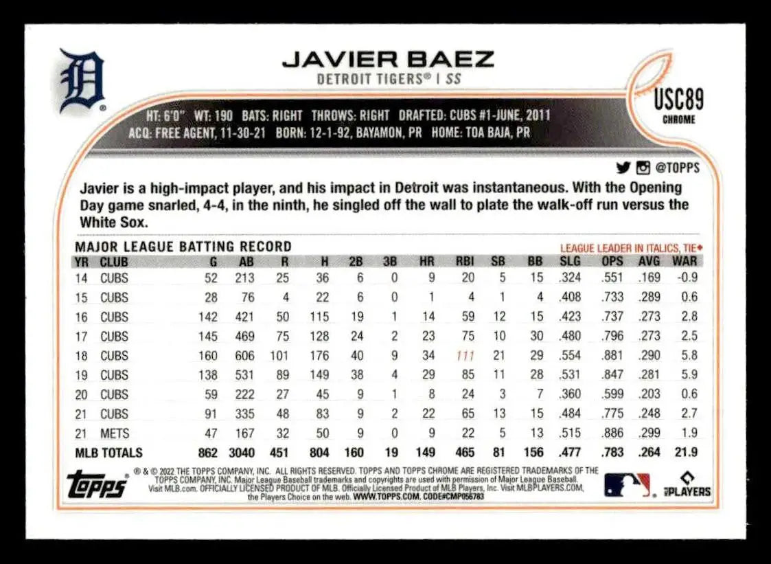 2022 Topps Chrome Update #USC89 Javier Baez - Baseball Card Single