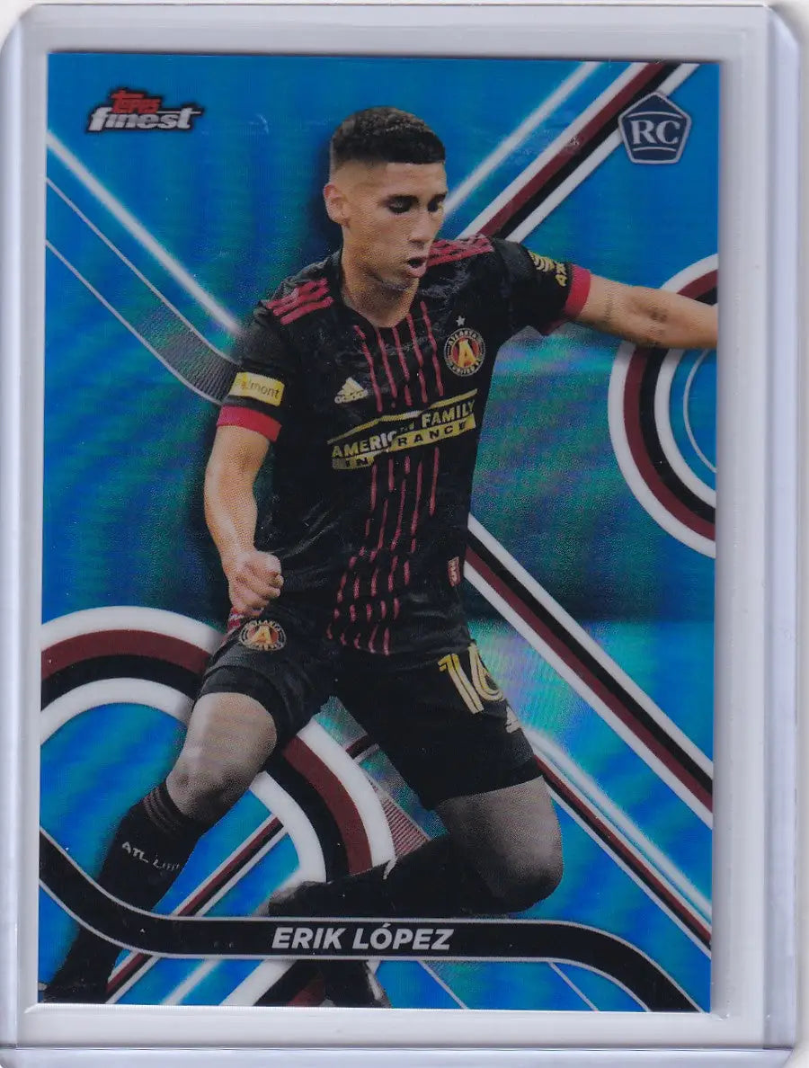Soccer trading card of Erik López in black and red jersey from Topps Finest Blue