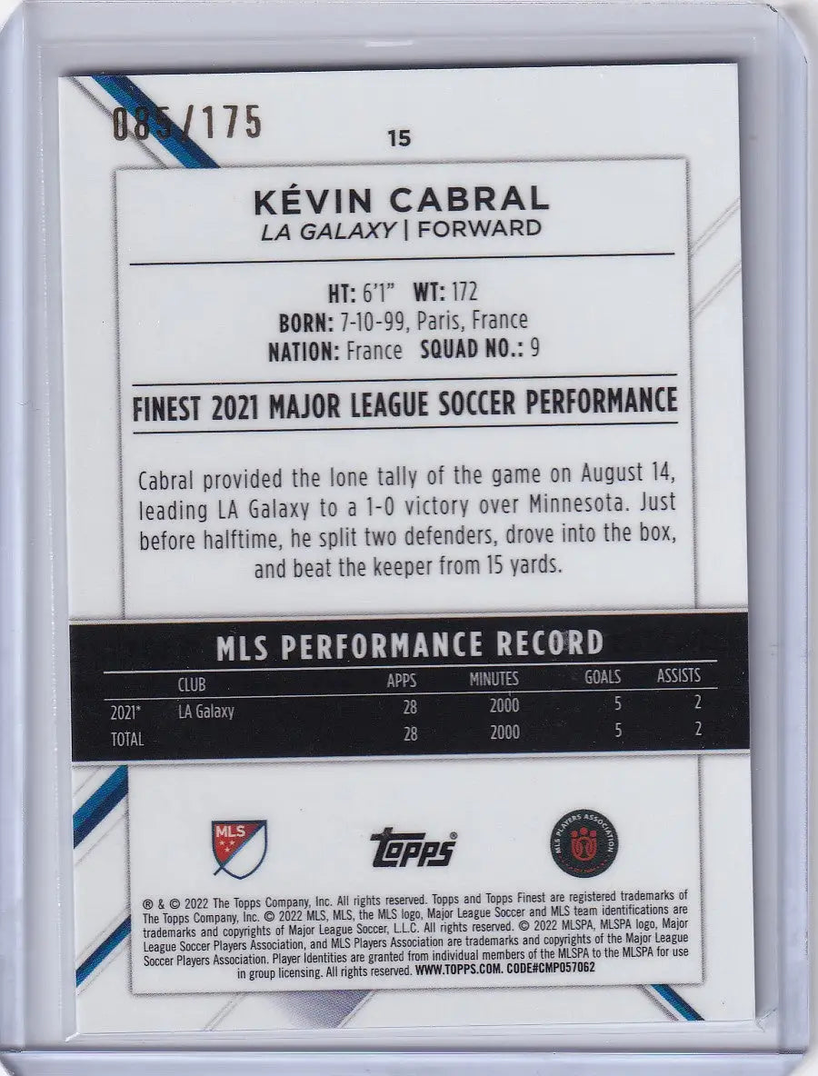 Trading card featuring Kévin Cabral’s MLS stats from 2022 Topps Finest Mini Diamond