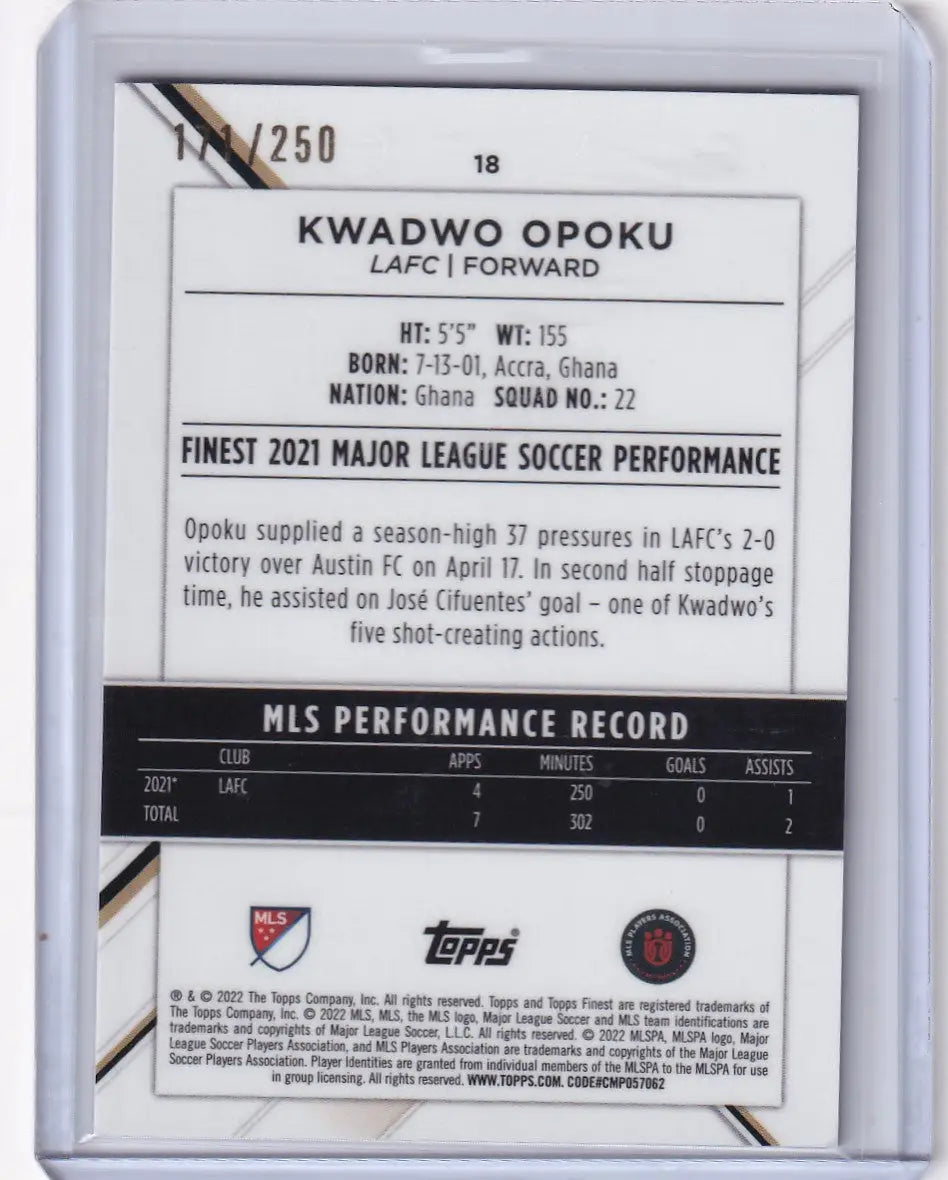 Topps Finest Purple trading card of LAFC forward Kwadwo Opoku 171/250