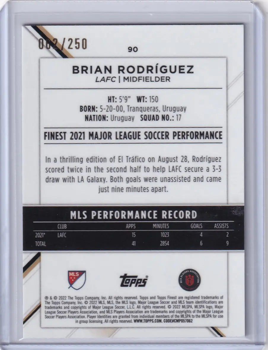 Topps Finest Purple soccer card featuring Brian Rodríguez performance stats 014/250