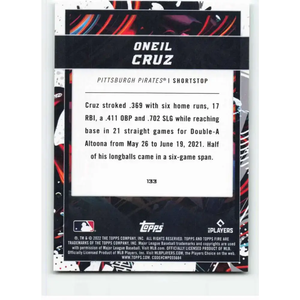 2022 Topps Fire #133 Oneil Cruz NM-MT RC Rookie Pittsburgh Pirates Baseball Card - Baseball Card Single