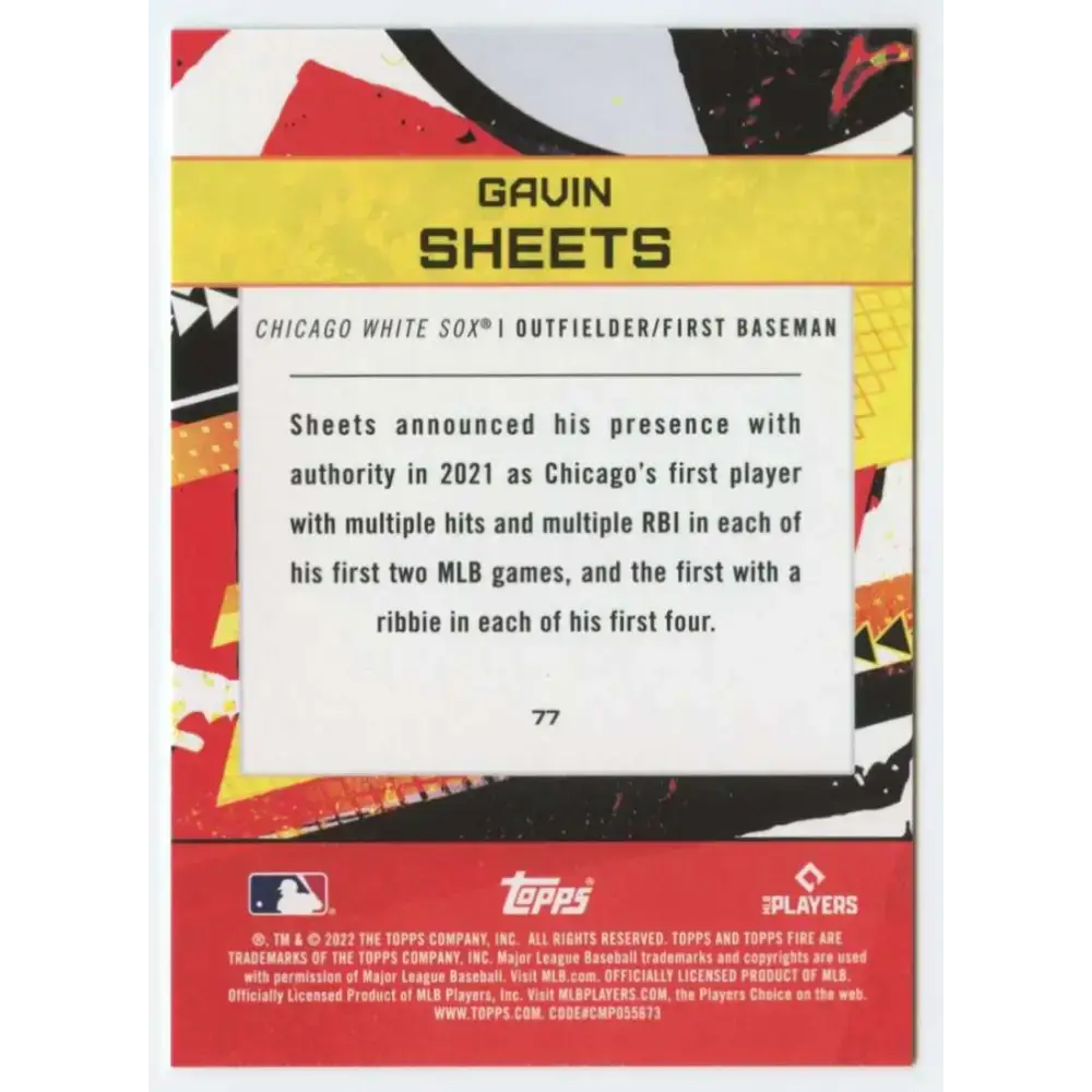 2022 Topps Fire #77 Gavin Sheets NM-MT RC Rookie Chicago White Sox Baseball Card - Baseball Card Single