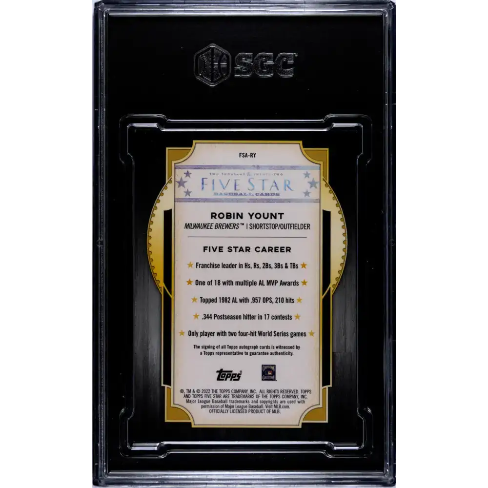 2022 Topps Five Star #FSA-RY Robin Yount SGC 8 NM/MT Auto 48/50 Milwaukee Brewers Baseball Card - Baseball Card Single