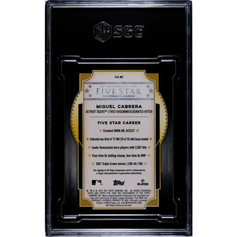 2022 Topps Five Star Orange #FSA-MC Miguel Cabrera SGC 8 NM/MT Auto 4/5 Detroit Tigers Baseball Card - Baseball Card