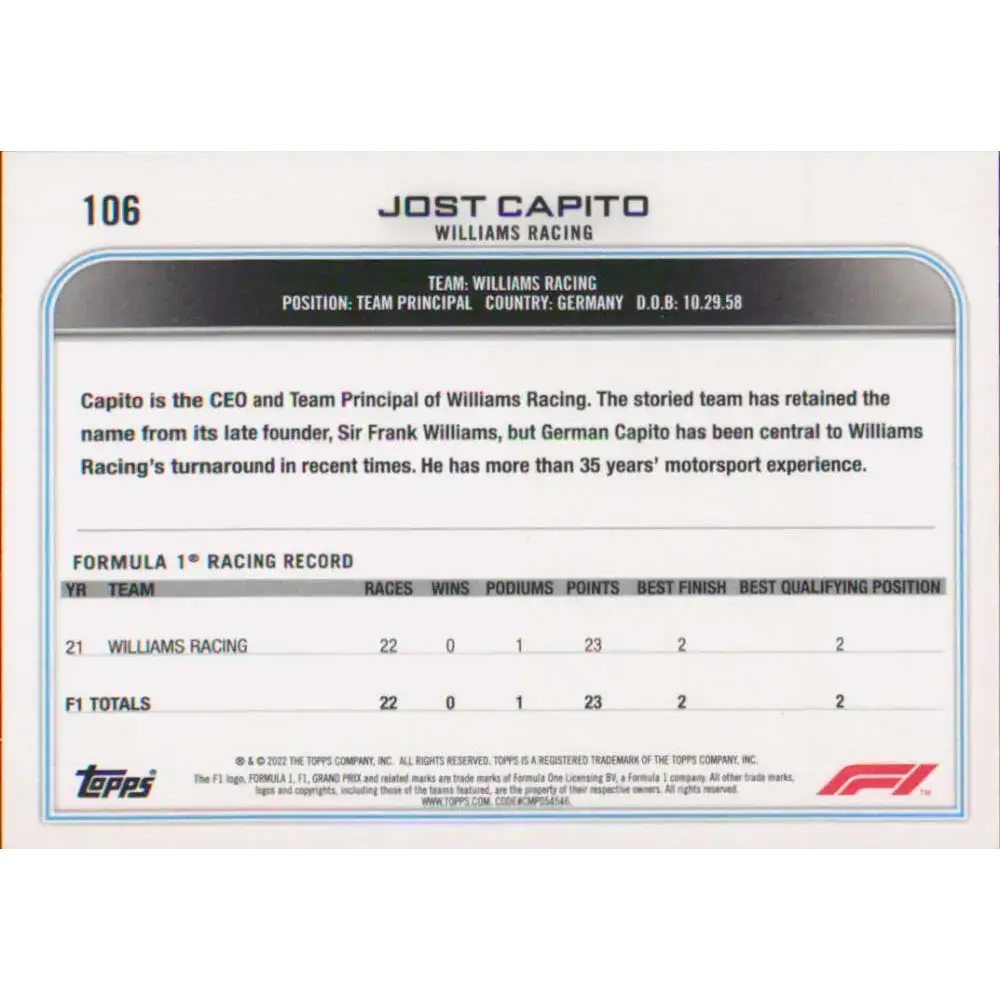 2022 Topps Formula 1 #106 Jost Capito NM-MT Racing Card - Racing Card Single