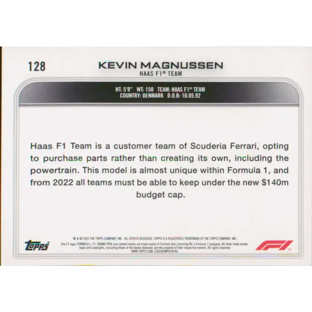 2022 Topps Formula 1 #128 Kevin Magnussen NM-MT Racing Card - Racing Card Single