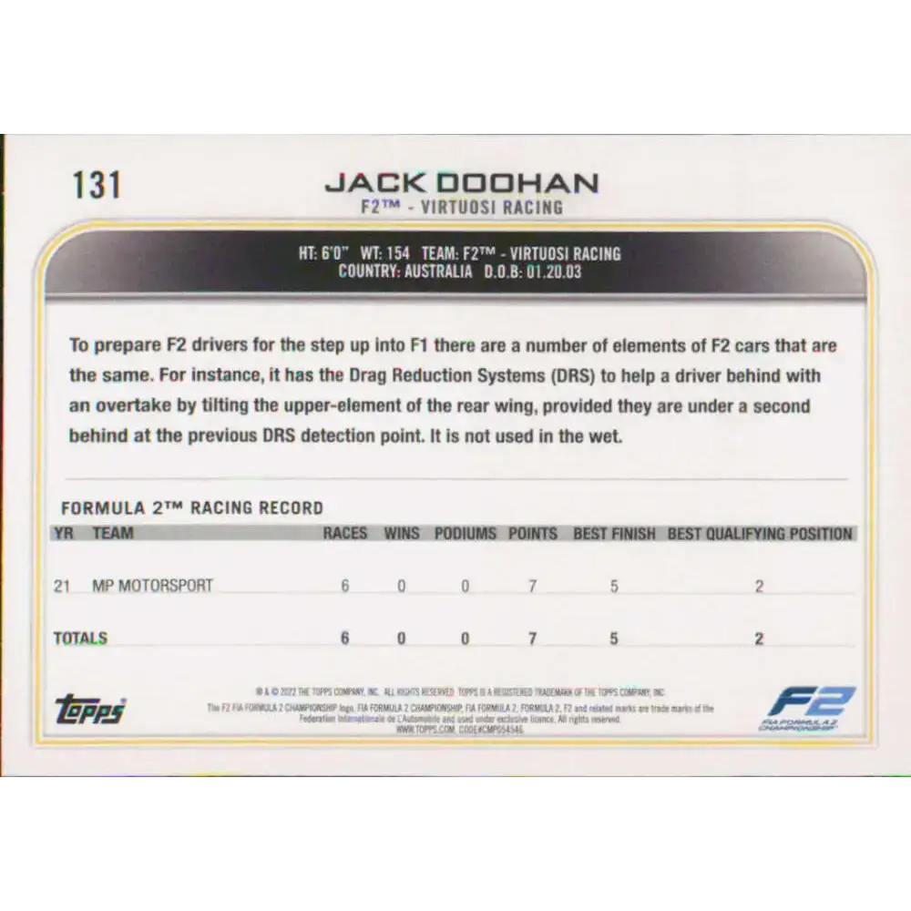 2022 Topps Formula 1 #131 Jack Doohan NM-MT Racing Card - Racing Card Single