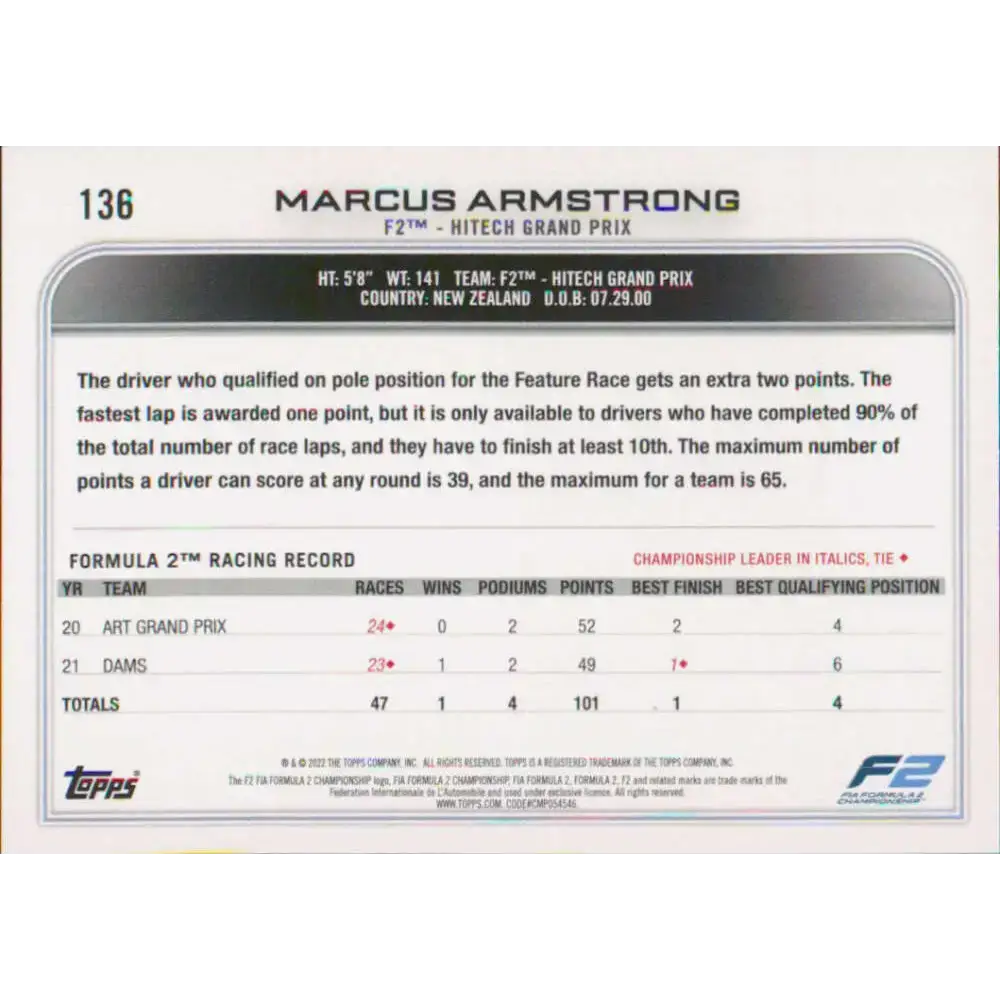 2022 Topps Formula 1 #136 Marcus Armstrong NM-MT Racing Card - Racing Card Single