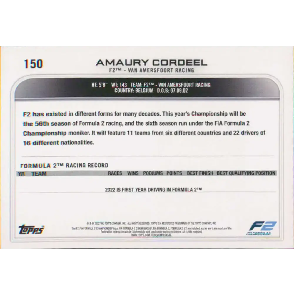 2022 Topps Formula 1 #150 Amaury Cordeel NM-MT Racing Card - Racing Card Single