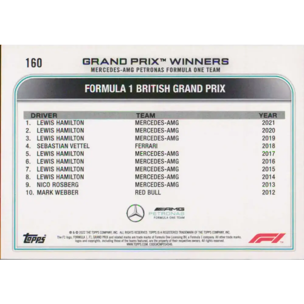 2022 Topps Formula 1 #160 Lewis Hamilton NM-MT Racing Card - Racing Card Single
