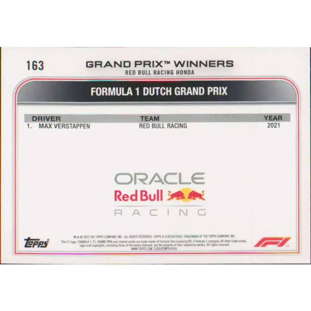 2022 Topps Formula 1 #163 Max Verstappen NM-MT Racing Card - Racing Card Single
