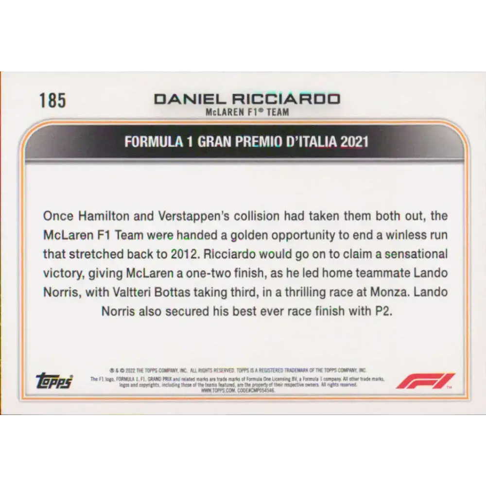 2022 Topps Formula 1 #185 Daniel Ricciardo NM-MT Racing Card - Racing Card Single