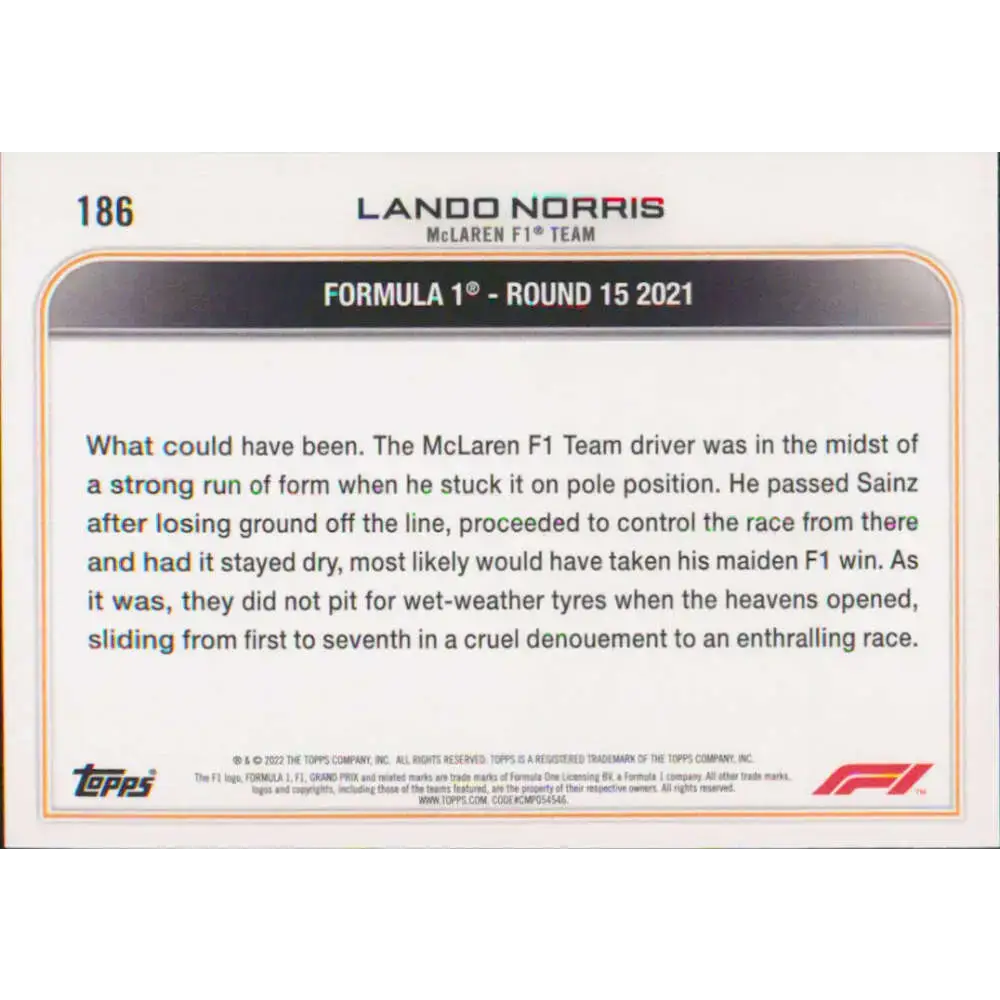 2022 Topps Formula 1 #186 Lando Norris NM-MT Racing Card - Racing Card Single
