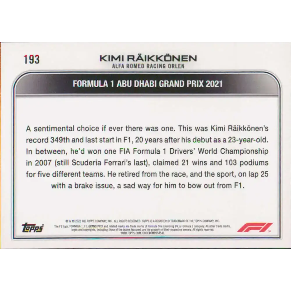2022 Topps Formula 1 #193 Kimi Raikkonen NM-MT Racing Card - Racing Card Single