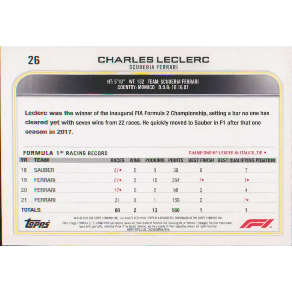 2022 Topps Formula 1 #26 Charles Leclerc NM-MT Racing Card - Racing Card Single