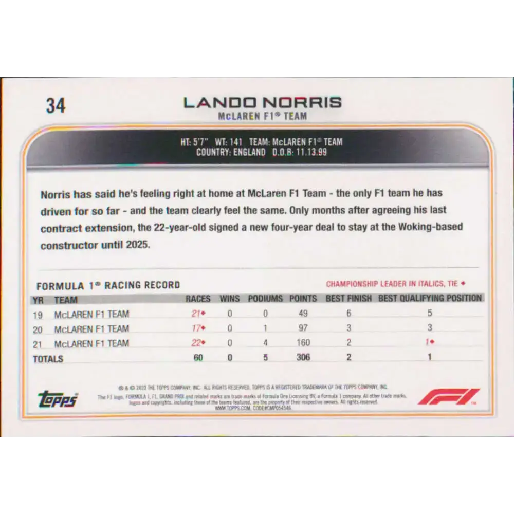 2022 Topps Formula 1 #34 Lando Norris NM-MT Racing Card - Racing Card Single