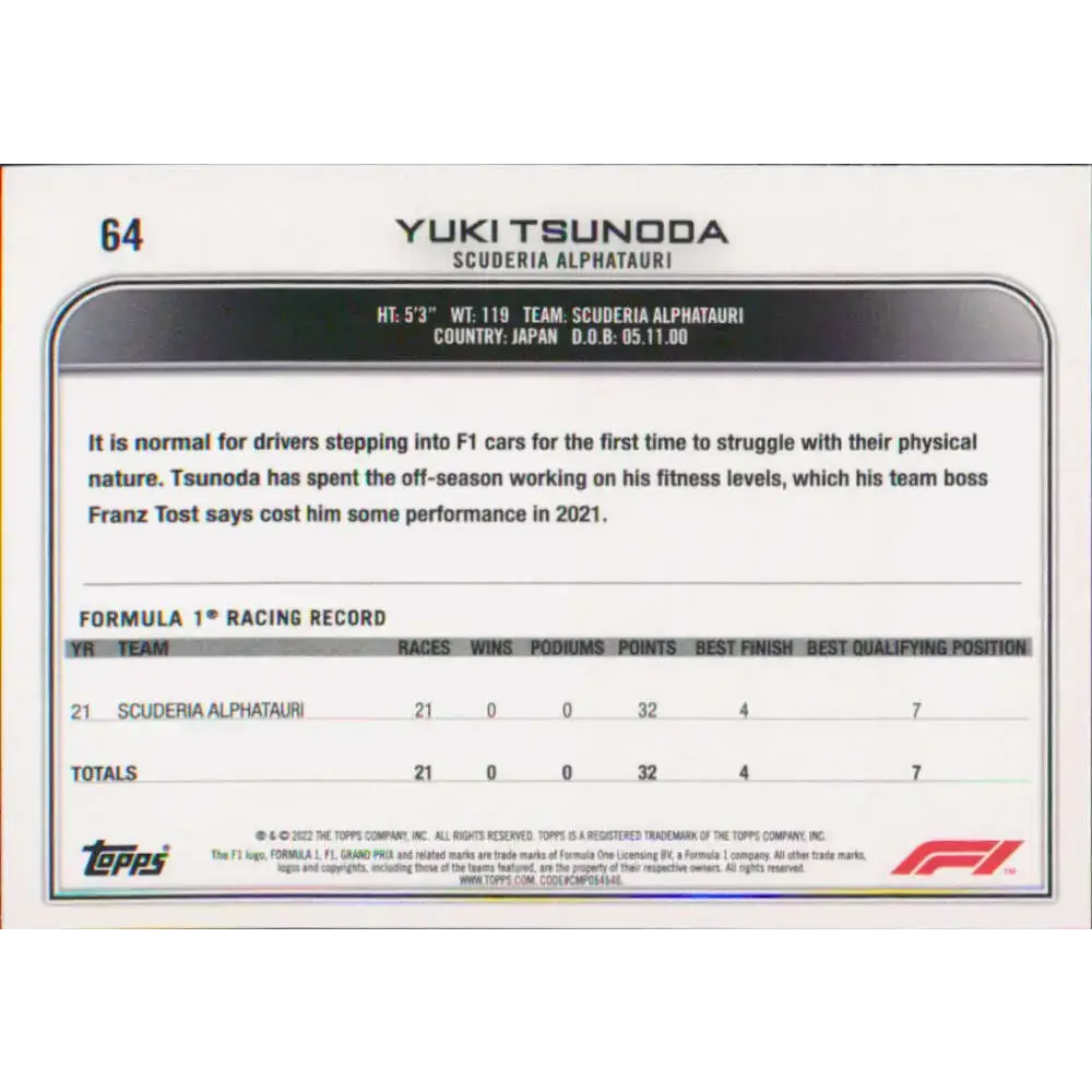 2022 Topps Formula 1 #64 Yuki Tsunoda NM-MT Racing Card - Racing Card Single