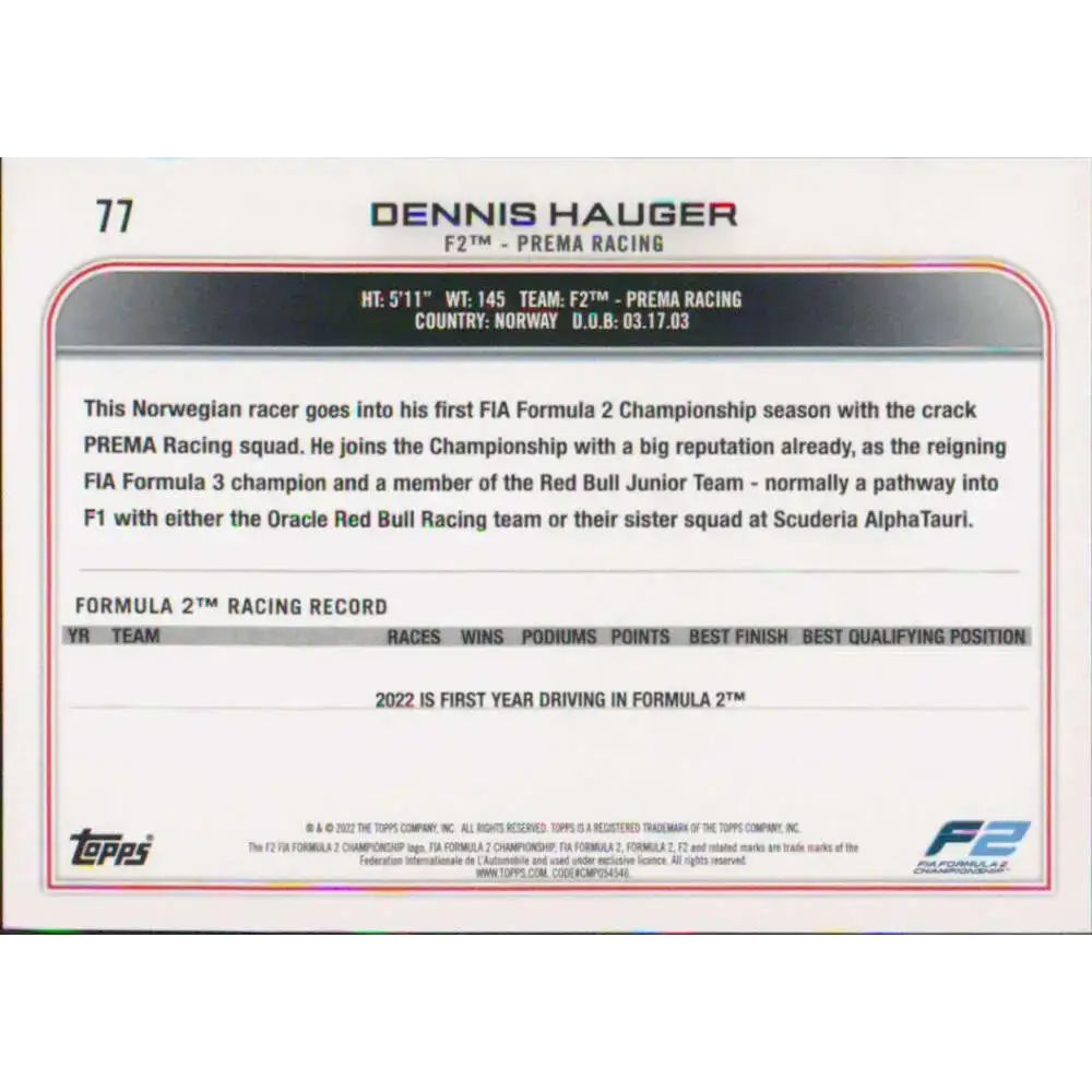 2022 Topps Formula 1 #77 Dennis Hauger NM-MT Racing Card - Racing Card Single