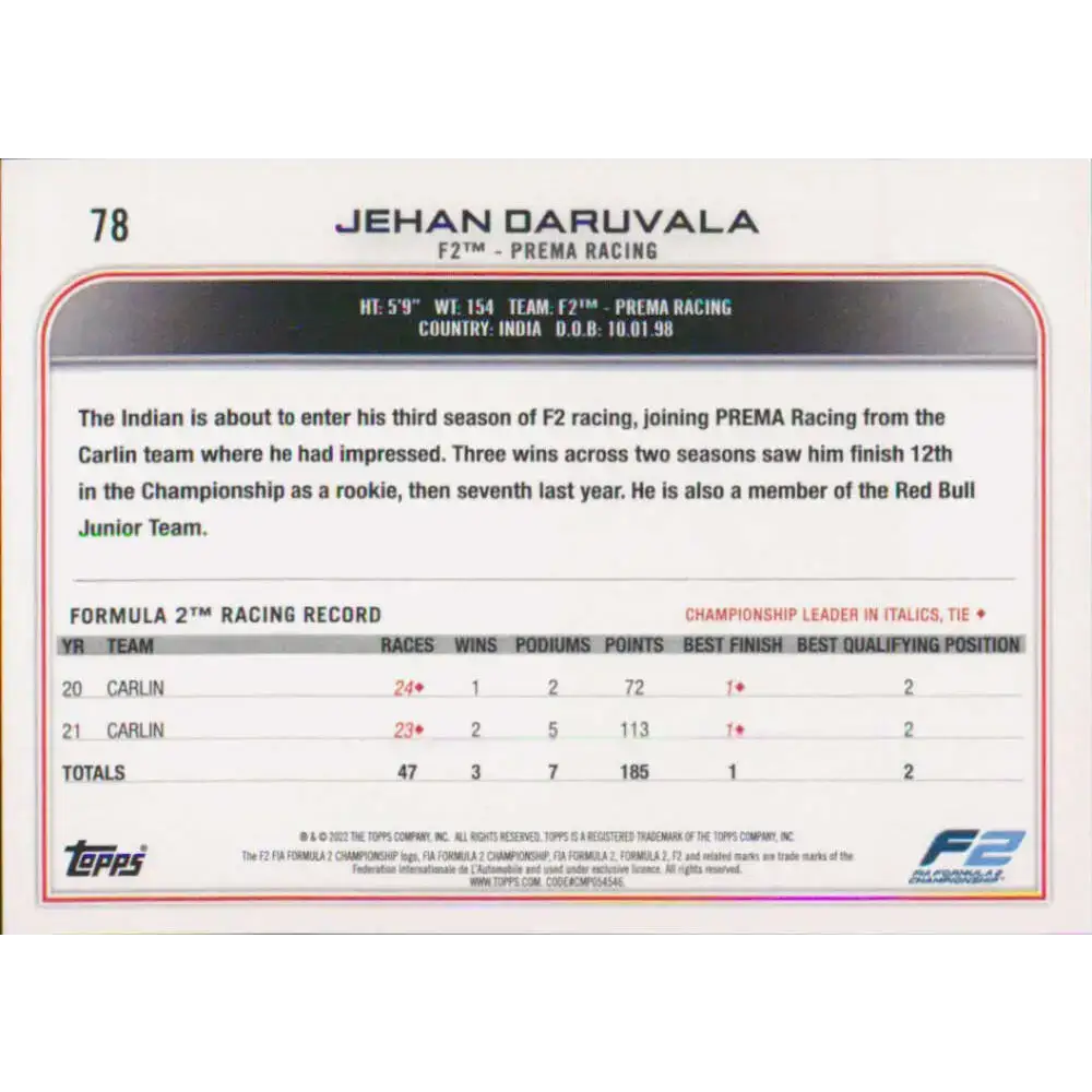 2022 Topps Formula 1 #78 Jehan Daruvala NM-MT Racing Card - Racing Card Single