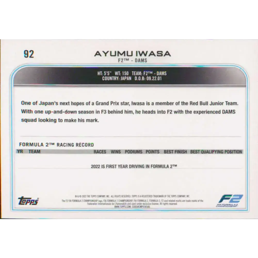 2022 Topps Formula 1 #92 Ayumu Iwasa NM-MT Racing Card - Racing Card Single