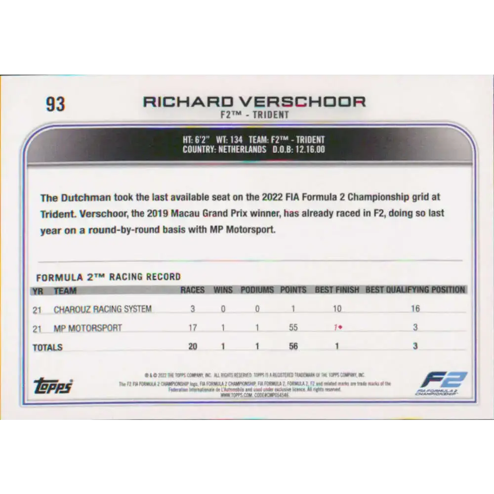 2022 Topps Formula 1 #93 Richard Verschoor NM-MT Racing Card - Racing Card Single