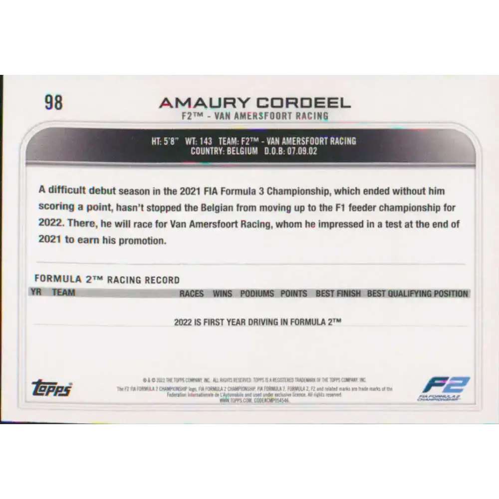 2022 Topps Formula 1 #98 Amaury Cordeel NM-MT Racing Card - Racing Card Single