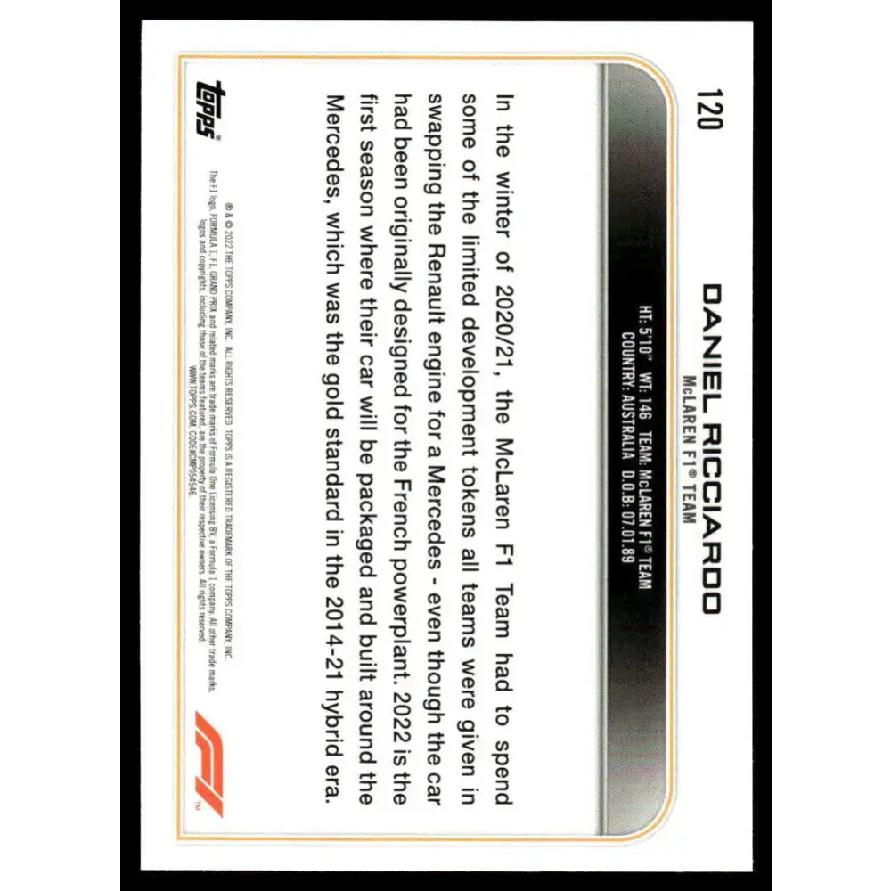 2022 Topps Formula 1 Checker Flag #120 Daniel Ricciardo NM-MT Racing Card - Racing Card Single