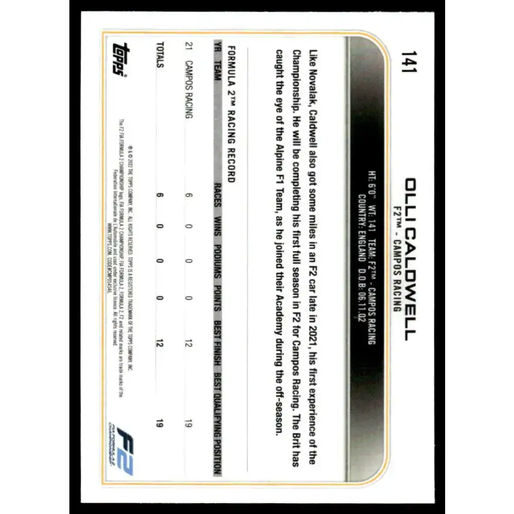 2022 Topps Formula 1 Checker Flag #141 Olli Caldwell NM-MT Racing Card - Racing Card Single