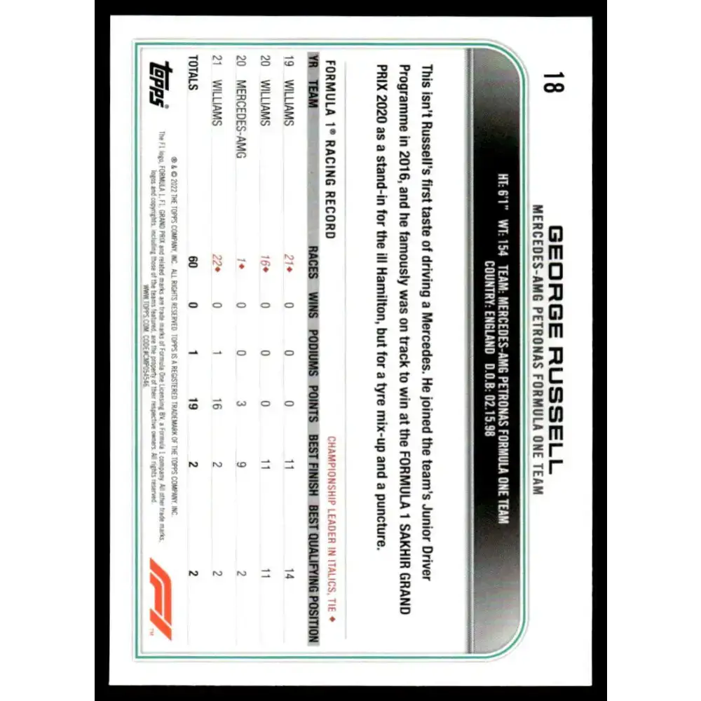 2022 Topps Formula 1 Checker Flag #18 George Russell NM-MT Racing Card - Racing Card Single