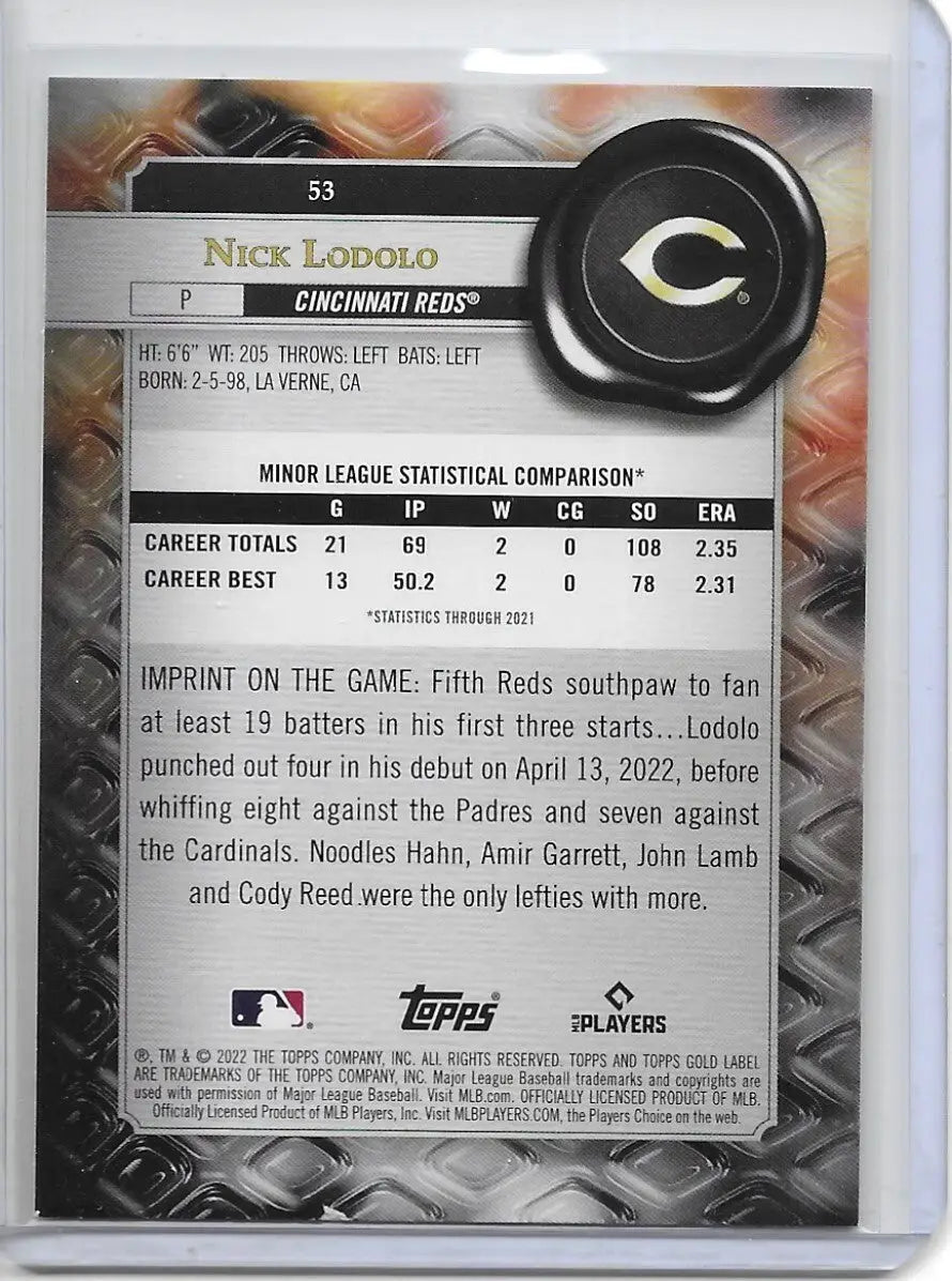 2022 Topps Gold Label Base Class 3 #53 Nick Lodolo - Cincinnati Reds (305) - Baseball Card Single