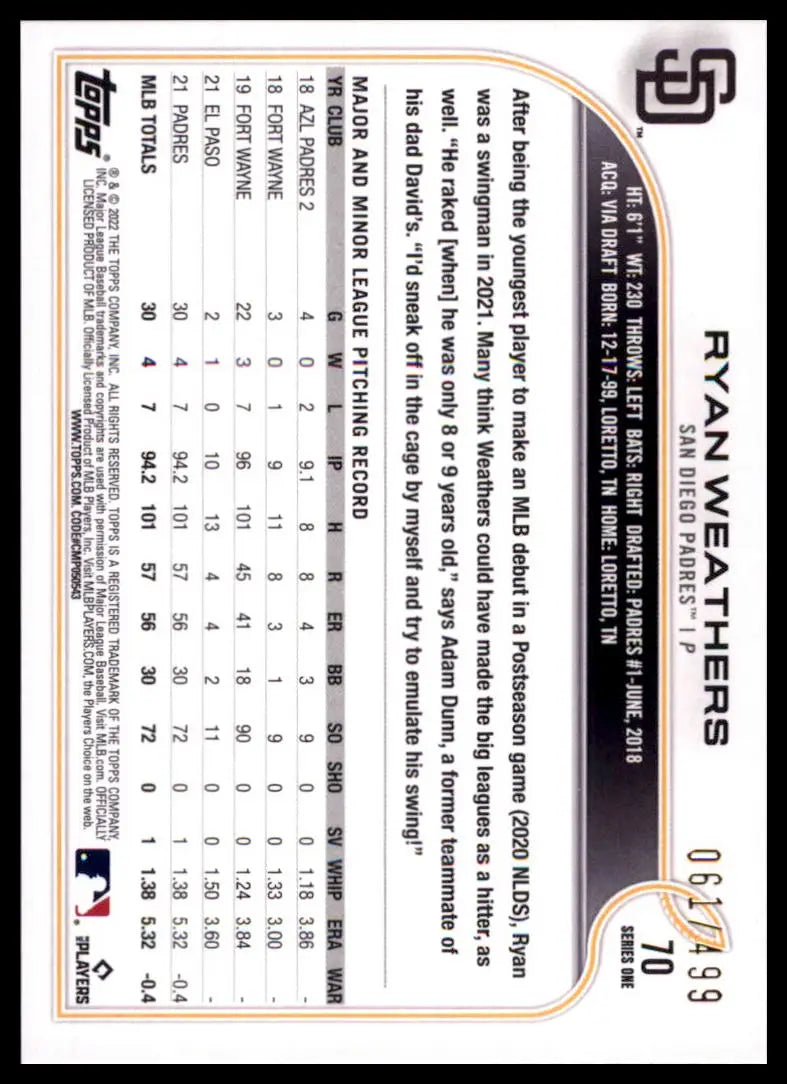 2022 Topps - Green Foilboard Ryan Weathers 70 /499 San Diego Padres Baseball NM - Baseball Card Single
