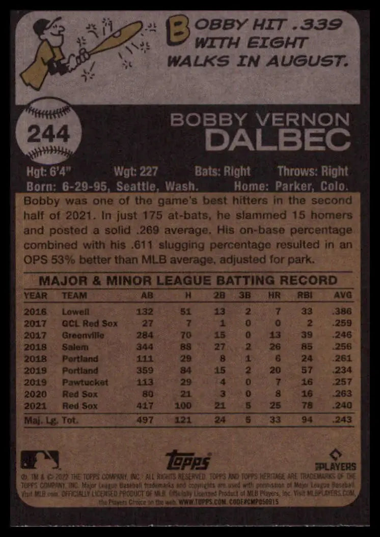 2022 Topps Heritage Bobby Dalbec 244 Boston Red Sox NM - Baseball Card Single