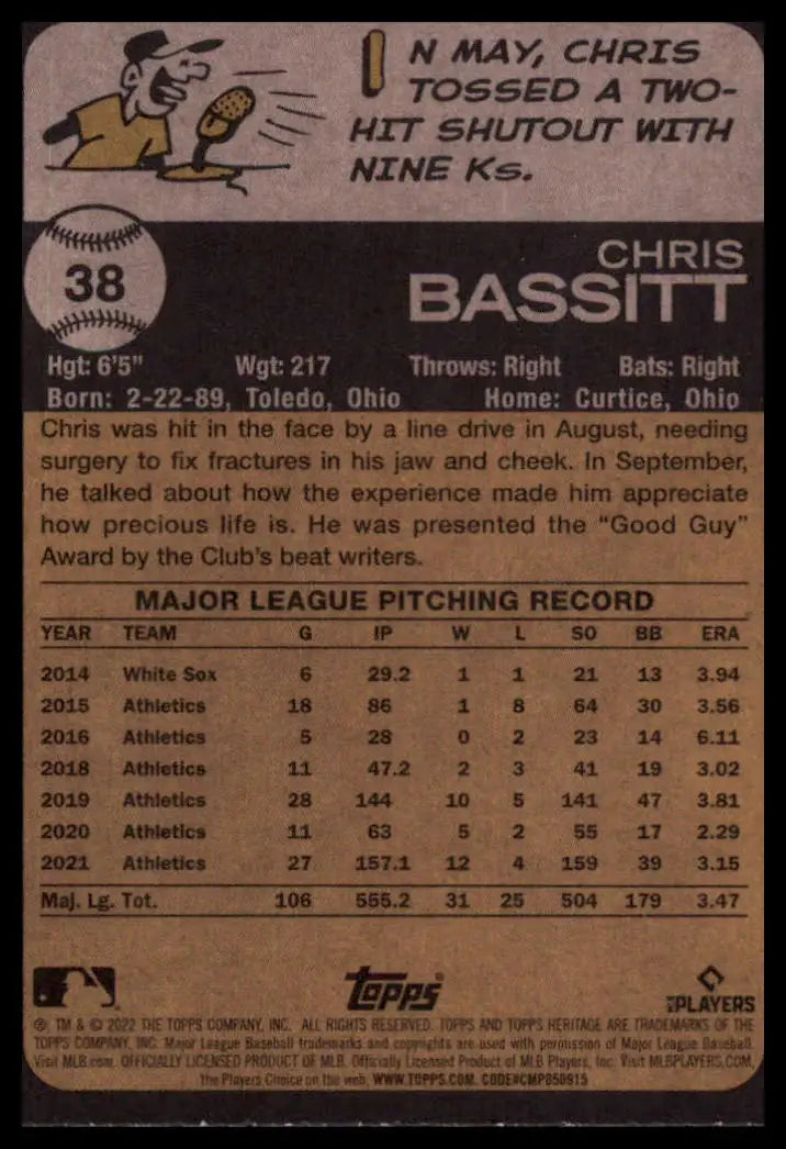 2022 Topps Heritage Chris Bassitt 38 Oakland Athletics NM - Baseball Card Single