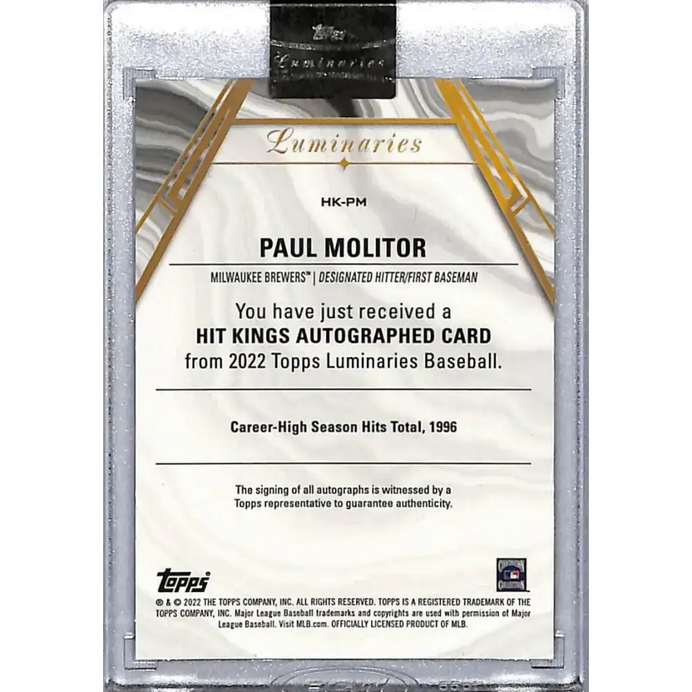 2022 Topps Luminaries #HK-PM Paul Molitor NM-MT Auto 5/5 Milwaukee Brewers Baseball Card - Baseball Card Single