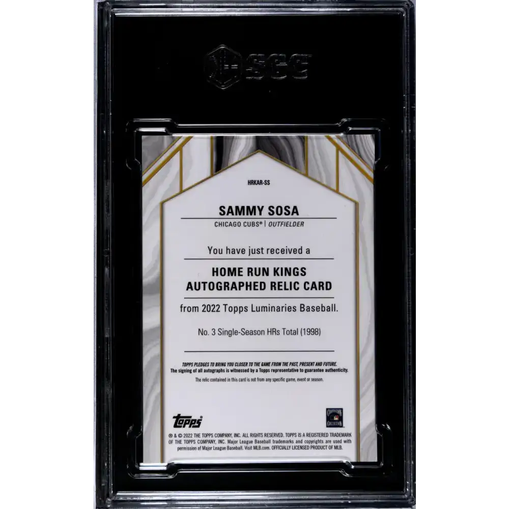 2022 Topps Luminaries Home Run Kings #HRKAR-SS Sammy Sosa SGC 10 Gem MEM Auto 13/15 Chicago Cubs Baseball Card