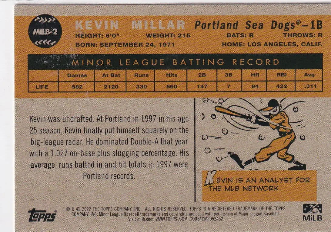2022 TOPPS #MILB-2 KEVIN MILLAR- PORTLAND SEA DOGS - Baseball Card Single