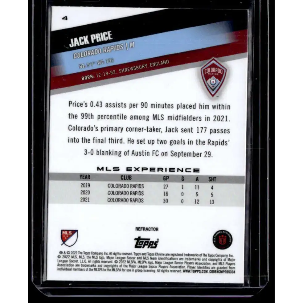2022 Topps MLS Chrome #4 Jack Price NM-MT Colorado Rapids Soccer Card - Soccer Card Single