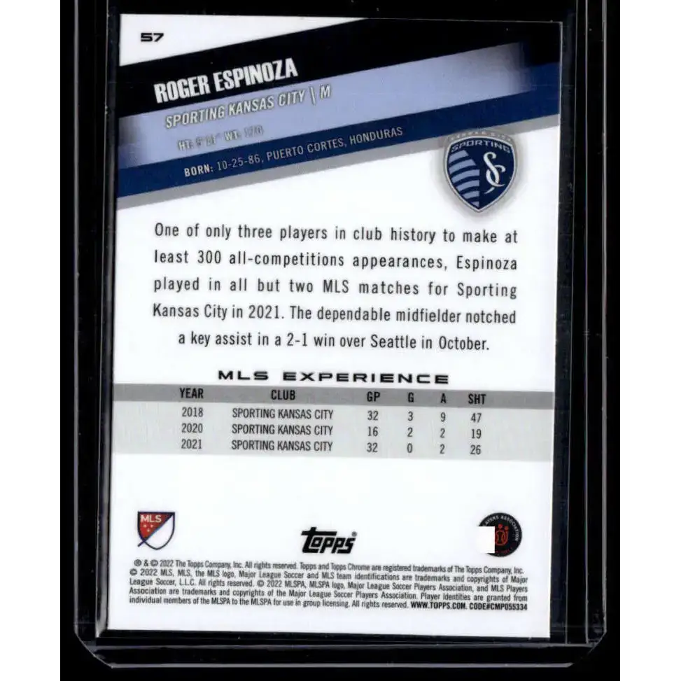 2022 Topps MLS Chrome #57 Roger Espinoza NM-MT Sporting Kansas City Soccer Card - Soccer Card Single