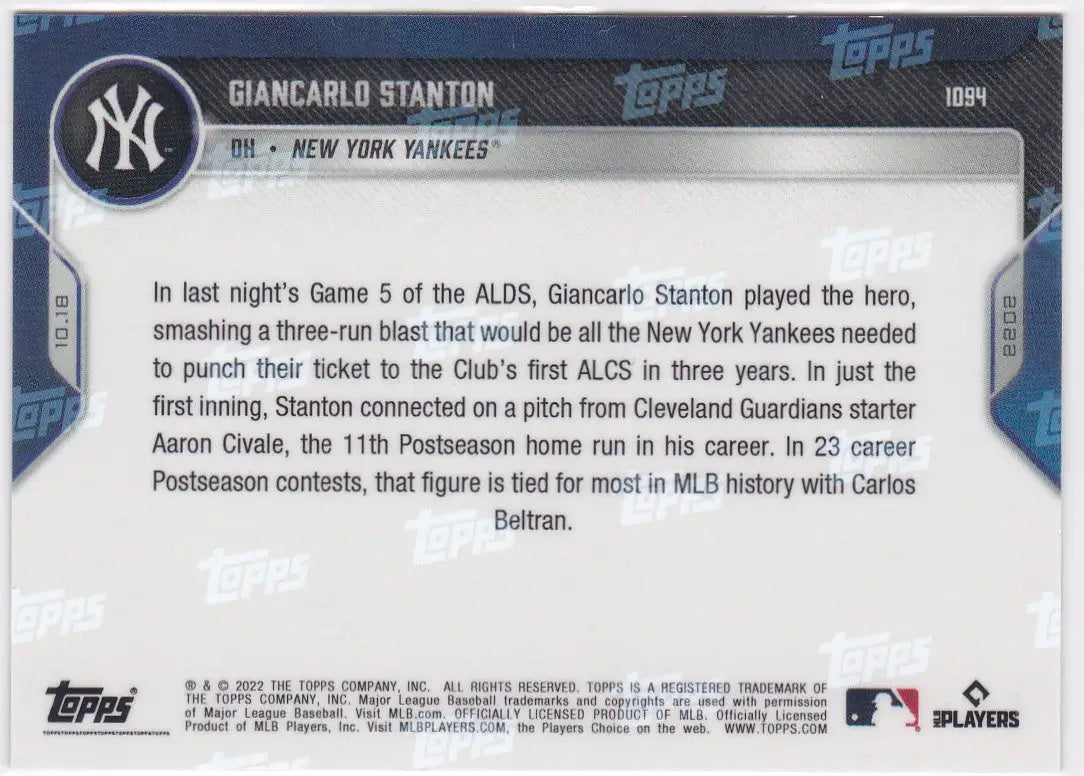 Baseball card back featuring Giancarlo Stanton of the New York Yankees for 2022 TOPPS NOW