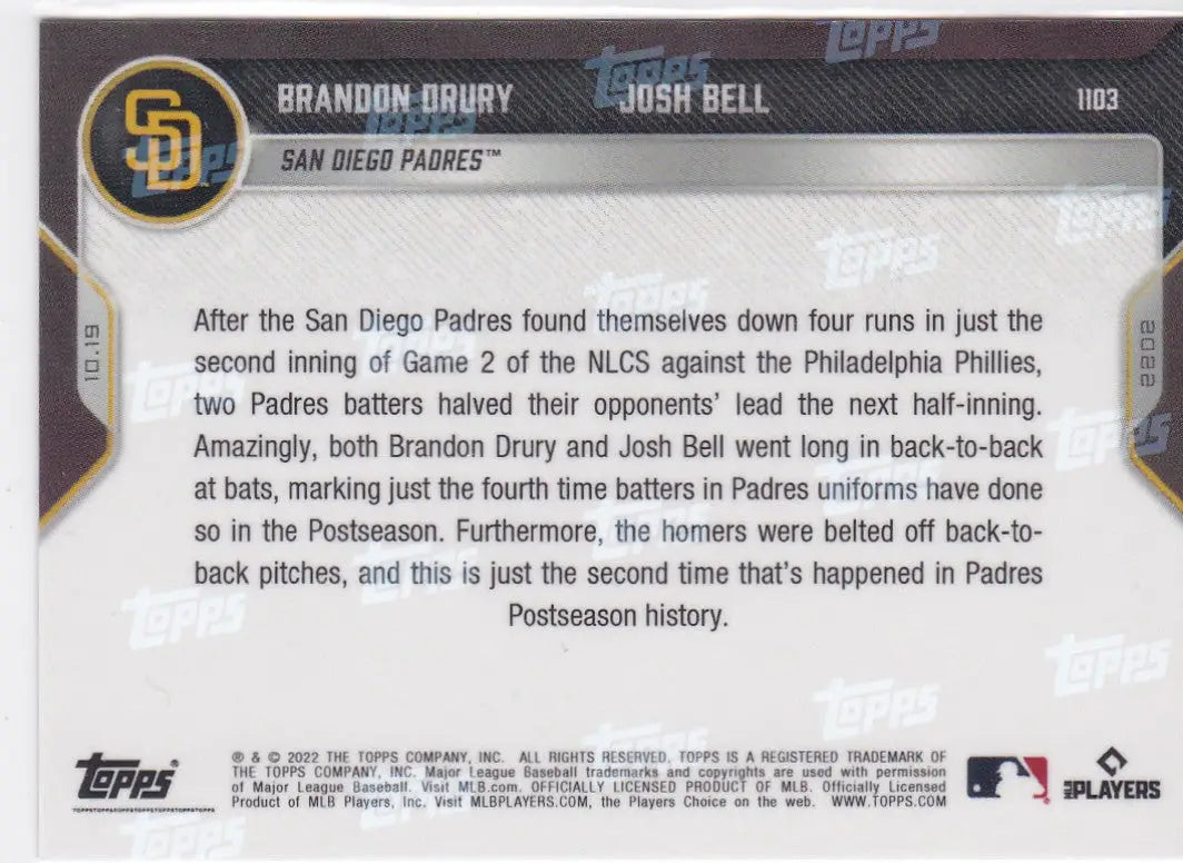 Baseball card back featuring San Diego Padres Brandon Drudy and Josh Bell in 2022 TOPPS NOW