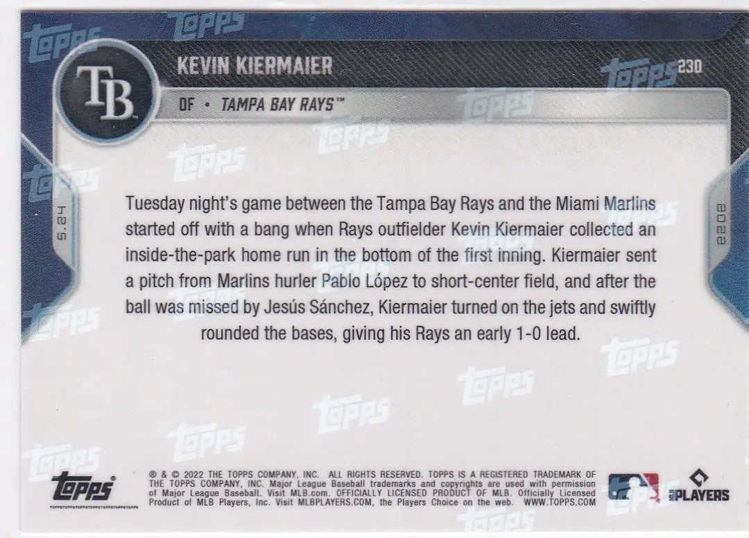 Baseball card back from 2022 TOPPS NOW featuring Tampa Bay Rays player Kevin Kiermaier
