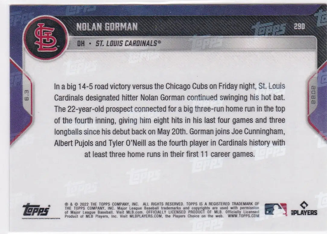 Baseball card back featuring Nolan Gorman of the St Louis Cardinals 2022 TOPPS NOW